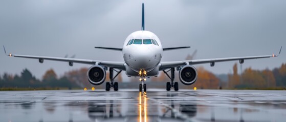 A large jetliner rests on the tarmac beside a runway, near a puddle of water