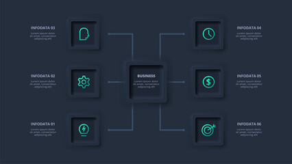 Neumorphic flowchart dark iinfographic. Creative concept for infographic with 6 steps, options, parts or processes.