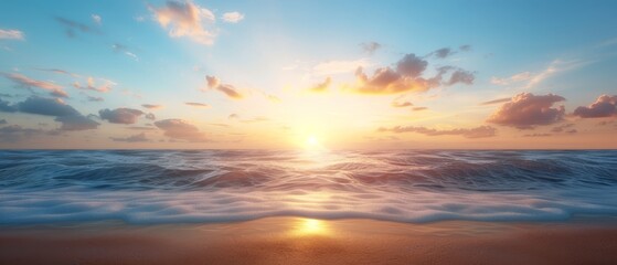 Obraz premium The sun sets over the ocean, a wave in the foreground, a beach nearby