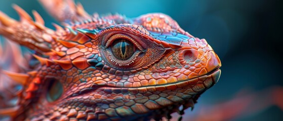  A tight shot of an orange-and-blue lizard's head against a softly blurred backdrop of red and blue