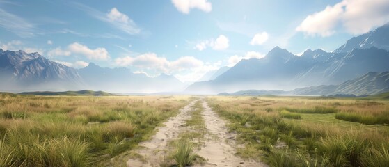 Dirt road in open field , mountains in backdrop