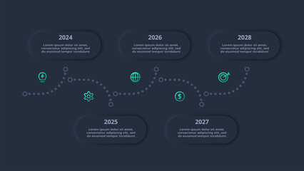 Neumorphic flowchart dark iinfographic. Creative concept for infographic with 5 steps, options, parts or processes.