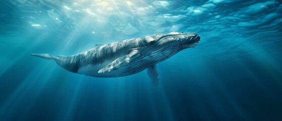 Obraz premium A humpback whale swims beneath the water's surface as sunlight streams through it