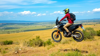 a dynamic and intense scene of a person riding a dirt bike or motocross motorcycle in a desert environment. The rider, dressed in fullprotective gear including a helmet, gloves, and a backpack