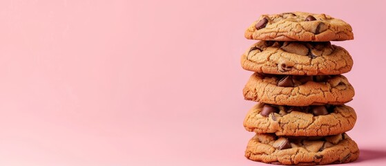  A stack of chocolate chip cookies on a pink surface against a pink background