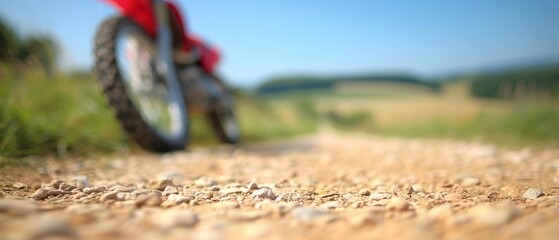   a bike on a dirt road, surrounded by rocks and grass in the foreground, and a blue sky as the background