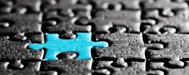 Close up of a blue puzzle piece in a sea of black puzzle pieces. It symbolizes the importance of finding the right fit and solution.