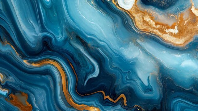 Abstract liquid fluid background. Flowing fluid marbling texture. Swirls of blue, white, and gold paints. Animated elegant backdrop. 3D animation