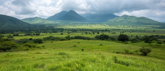  A lush green valley, encircled by mountains, lies beneath a cloud-studded sky In the foreground, a verdant field spreads, while the grasses there