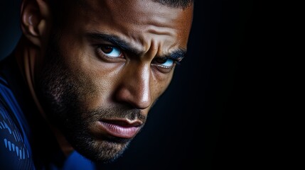 Intense athlete showcasing focus and determination during training in a dimly lit gym environment