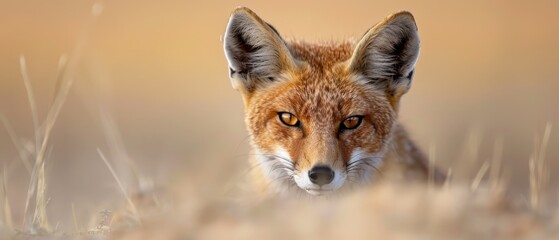 Obraz premium A tight shot of a fox's face, with grass in the foreground and a soft, indistinct sky in the background