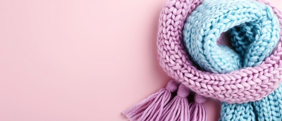  A blue-pink and pink knitted scarf, adorned with a tassel on top, against a pink backdrop