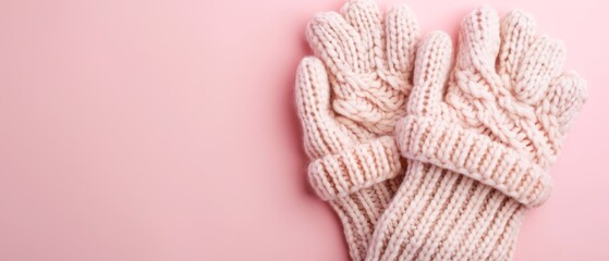  A pair of white knitted gloves rests atop one another against a pink backdrop, with ample room for insertion of text in the central expanse