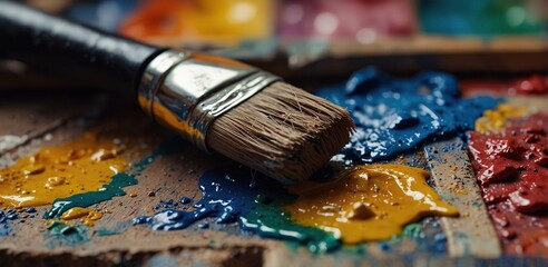 Fototapeta premium Used brushes on an artist's palette of colorful oil paint