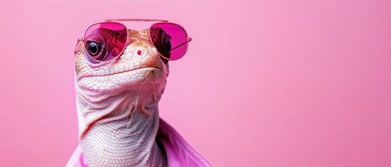  A tight shot of a lizard donning sunglasses against a hot pink backdrop Behind it, a pink wall...