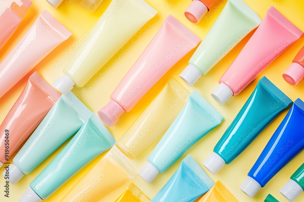 Poster colorful array of small paint tubes arranged neatly on a yellow background in a creative workspace
