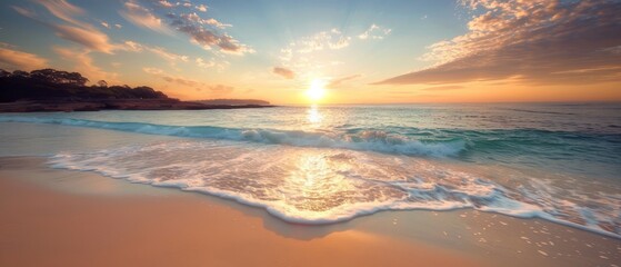  The sun sets over the ocean, with a wave in the foreground and a beach beyond