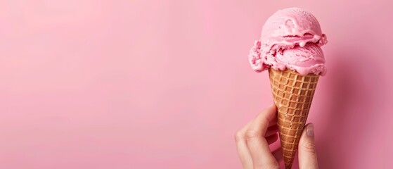  A hand holds an ice cream cone with pink icing against a pink background Behind it, a pink wall stands