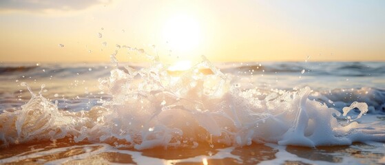  The sun sets over the ocean, painting a splash of water atop foreground rocks