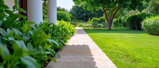  A verdant lawn borders a tall, pristine white column The column houses a clock on one side Trees frame the scene in the background