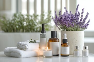 Serenity in a spa setting featuring lavender and skincare products on a tranquil table