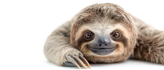 Fototapeta premium A tight shot of a sloth reversed on its back, holding a fork in its mouth against a pristine white background