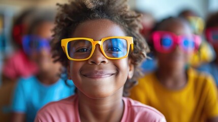 A young boy smiles brightly while wearing oversized yellow glasses. He is surrounded by other children also wearing colorful glasses.