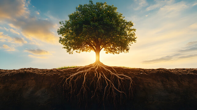 A tree with deep roots in the ground representing trauma and past experiences, while the branches reach for the sky seeking healing and growth.


