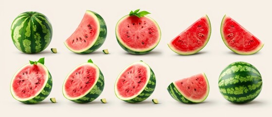  A collection of watermelon slices and an intact watermelon against a white backdrop, garnished with a green leaf