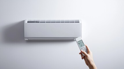 Fototapeta premium A person adjusting the temperature of a wall-mounted air conditioning unit at home during a hot summer day