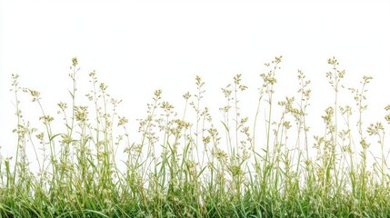 Fototapeta premium A line of tall, slender wildflowers and grasses against a clean, white background, indicative of spring or summer flora in a minimalistic composition.