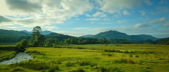  A grassy field with a running stream, a mountain range in the distance, and clouds in the sky