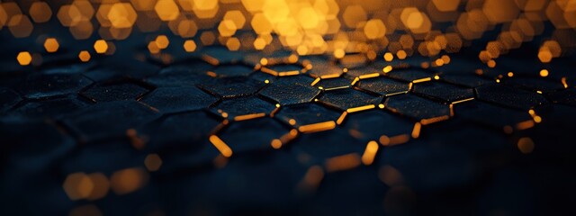 Obraz premium Close-up of a path with hexagonal pattern blocks with lights at night.