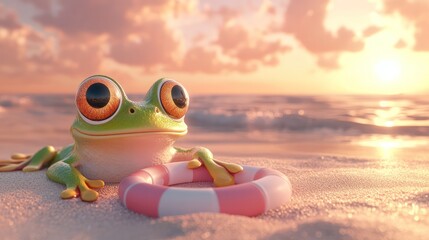 3D cartoon happy big-eyed frog is lying on the beach at the seaside in summer. Generative AI