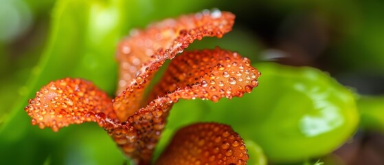  Close-up of a flower with dewdrops on its petals, surrounded by a green plant in the background