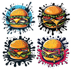Vibrant cartoon burgers with splashes in various colors, food art, perfect for restaurant decor