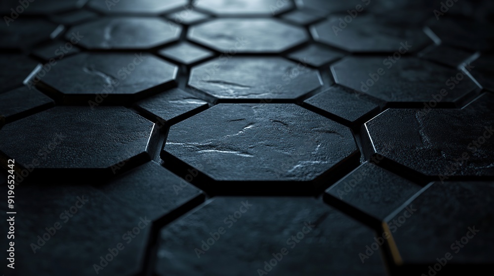 Poster close-up of clean octagonal pattern paving block floor tiles exposed to light at night