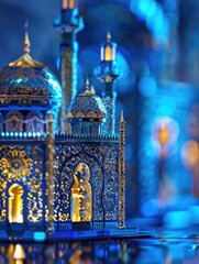 Obraz premium This image captures the majestic beauty of a mosque adorned with ornate designs and illuminated by glowing lights. The architecture is striking, featuring tall minarets against a night sky.