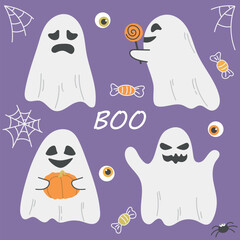 Halloween vector set, sweets, pumpkin, cute good and scary ghosts, large collection of flying ghosts