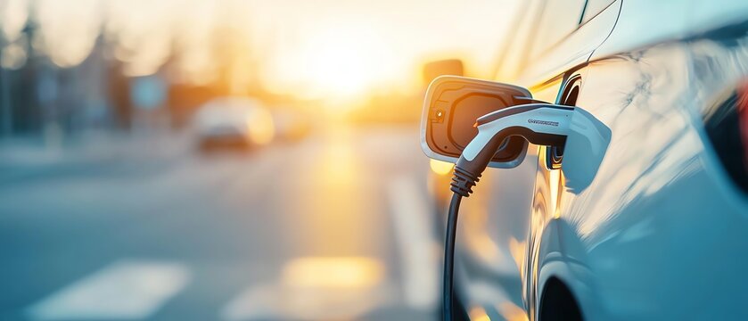 Close-up of an electric vehicle charging with a sunset in the background, emphasizing sustainable energy and modern transportation.