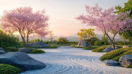 a zen garden with array of cherry blossom trees, colorless landscape. Generative AI