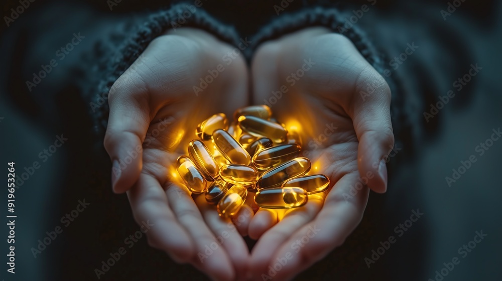 Wall mural Handful of Golden Omega 3 Capsules.