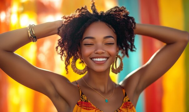 Young, fashionable black woman celebrates and enjoys herself with a hair flip, dancing and smiling in a vibrant studio setting, Generative AI - Powered by Adobe