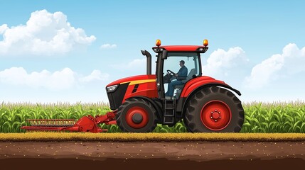 Fototapeta premium A farmer navigates a red tractor through a cornfield during a sunny afternoon in late summer