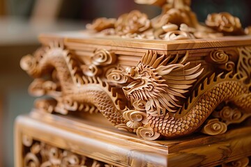 Fototapeta premium Beautiful wood carvings, a jewelry box, vintage furniture, and workmanship details, Generative AI.