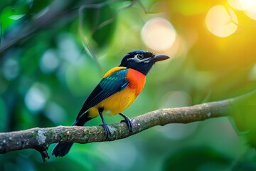 Obraz premium Beautiful, vibrant bird on a tree limb in the jungle, Generative AI.