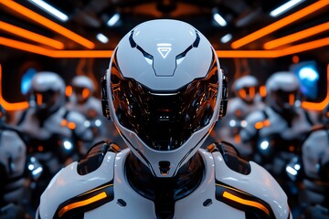 Fototapeta premium Futuristic robots in sleek armor with blue lights, standing in formation inside a technologically advanced environment.