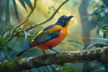 Beautiful, vibrant bird on a tree limb in the jungle, Generative AI.