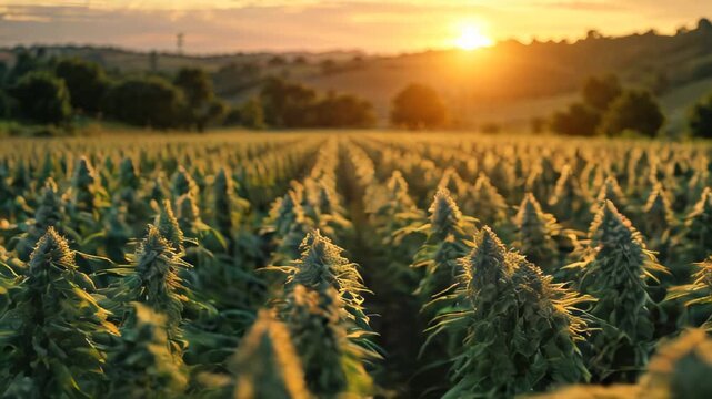 A huge plantation of marijuana plants in the evening light. The plants grow in long rows