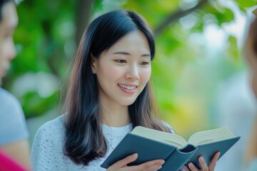 Fototapeta premium Sharing The Gospel. Christian Adults Reading Bible Together with Asian Background